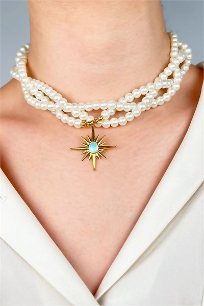 Turquoise Enamel Northern Star-Tipped Spiral Pearl Necklace - White