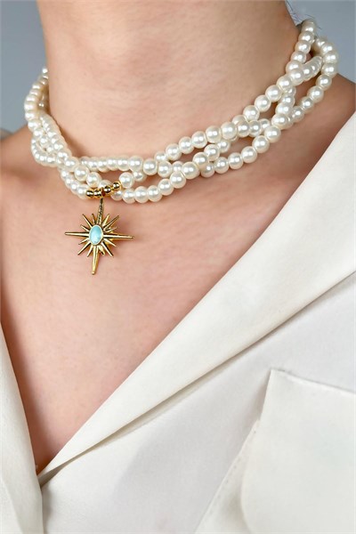 Turquoise Enamel Northern Star-Tipped Spiral Pearl Necklace - White