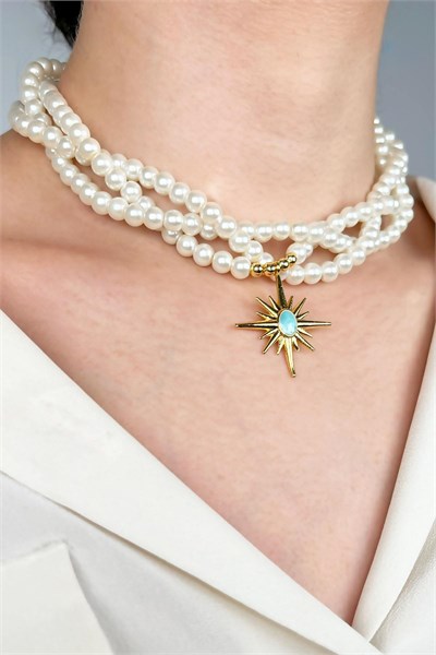 Turquoise Enamel Northern Star-Tipped Spiral Pearl Necklace - White