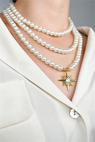 Turquoise Enamel Northern Star-Tipped Triple Pearl Necklace - White