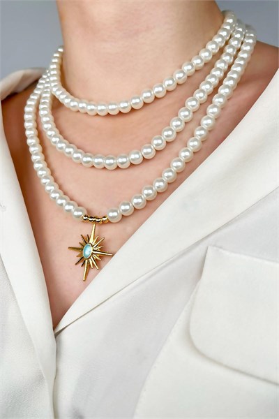 Turquoise Enamel Northern Star-Tipped Triple Pearl Necklace - White