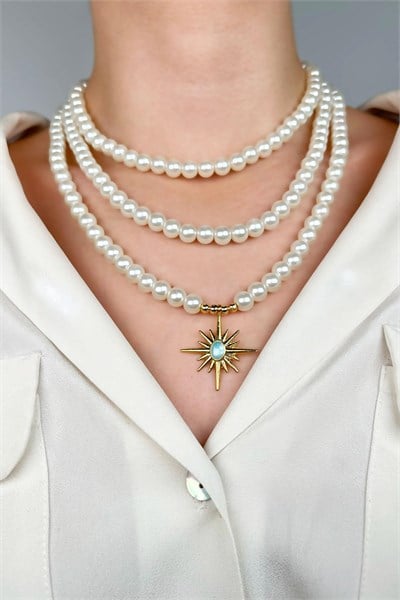 Turquoise Enamel Northern Star-Tipped Triple Pearl Necklace - White