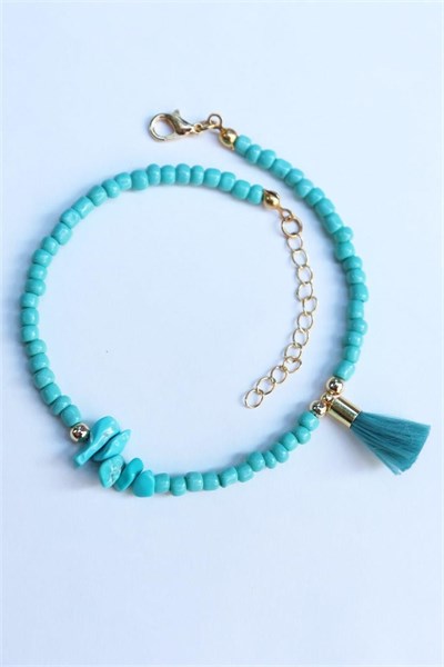 Turquoise Tassel Detailed Bead Bracelet