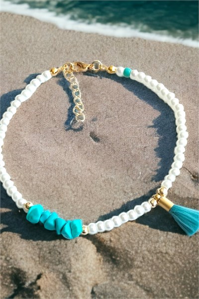 Turquoise Tassel Detailed Natural Broken Stone Bracelet