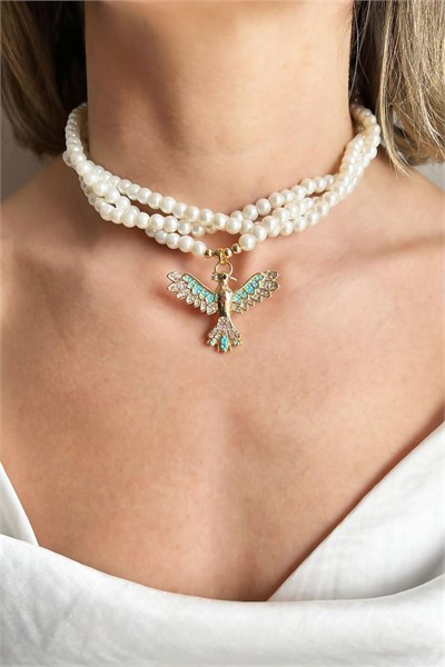 Turquoise Color Zircon Detail Phoenix Pearl Spiral Design Necklace