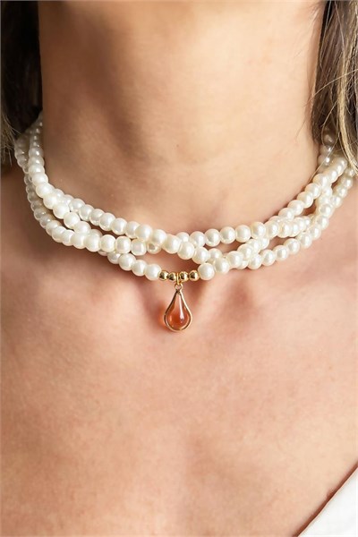 Orange Teardrop Stone Spiral Design Pearl Necklace