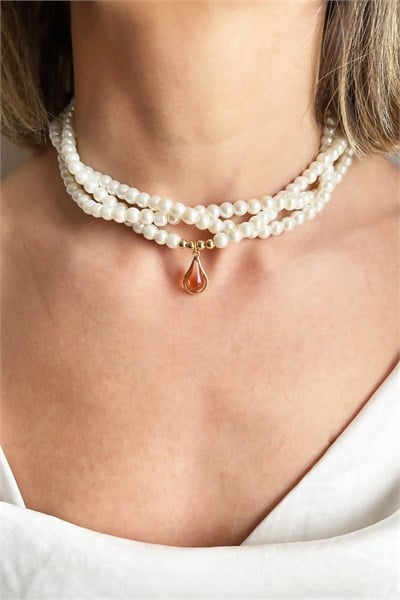 Orange Teardrop Stone Spiral Design Pearl Necklace