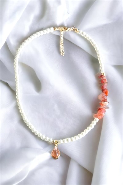 Orange Teardrop Tipped Broken Stone Asymmetrical Pearl Necklace