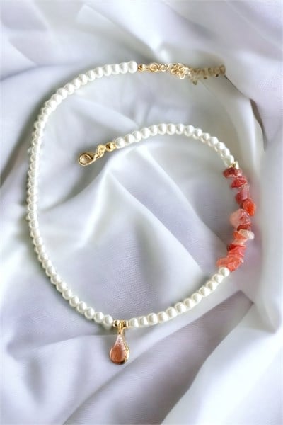 Orange Teardrop Tipped Broken Stone Asymmetrical Pearl Necklace