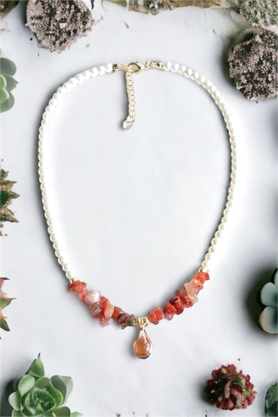 Orange Teardrop Tipped Broken Stone Pearl Necklace