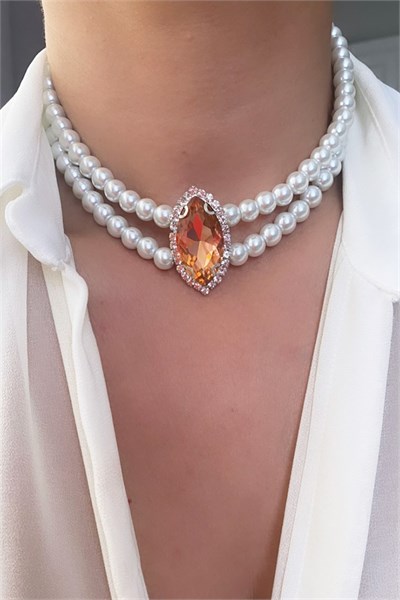 Orange Crystal Tipped Glass Pearl Necklace