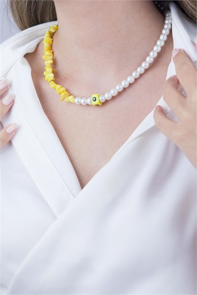 Orange Medal Tipped Natural Stone and Pearl Necklace