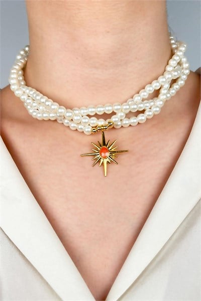 Orange Enamel Northern Star-Tipped Spiral Pearl Necklace - White