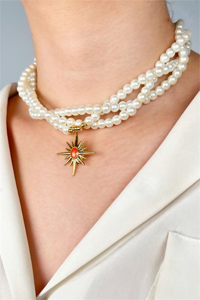 Orange Enamel Northern Star-Tipped Spiral Pearl Necklace - White