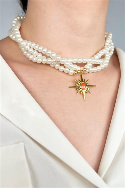 Orange Enamel Northern Star-Tipped Spiral Pearl Necklace - White
