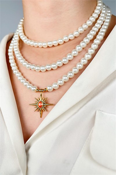 Orange Enamel Northern Star-Tipped Triple Pearl Necklace - White