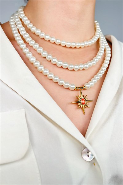 Orange Enamel Northern Star-Tipped Triple Pearl Necklace - White