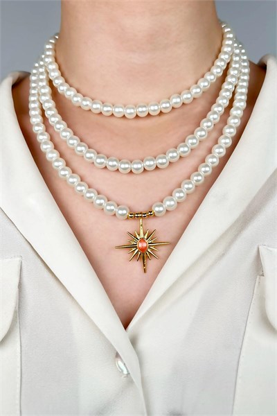 Orange Enamel Northern Star-Tipped Triple Pearl Necklace - White