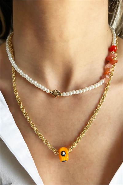 Orange Evil Eye Bead Agate and Natural Broken Stone Double Chain Pearl Necklace