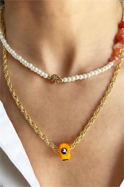 Orange Evil Eye Bead Agate and Natural Broken Stone Double Chain Pearl Necklace
