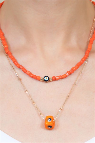 Orange Evil Eye Bead Double Design Necklace
