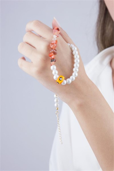 Orange Evil Eye Bead Broken Stone and Pearl Necklace