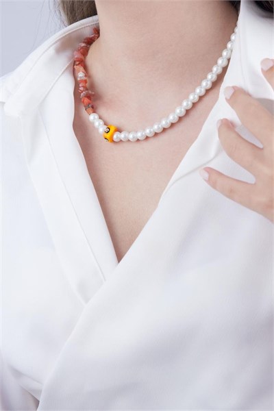 Orange Evil Eye Bead Broken Stone and Pearl Necklace