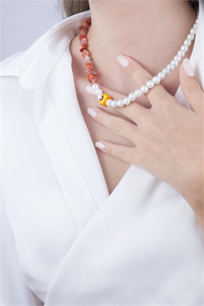 Orange Evil Eye Bead Broken Stone and Pearl Necklace