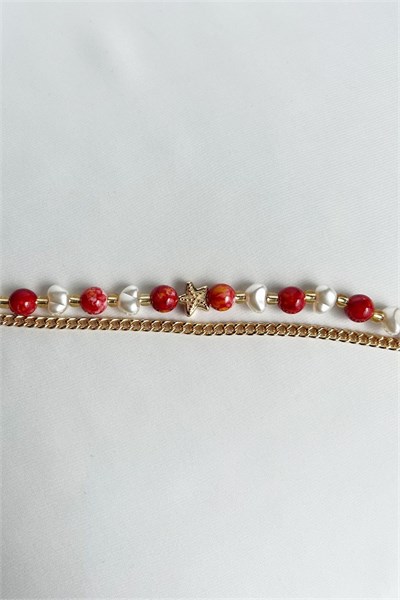 Orange Stone and Pearl Double Gold Bracelet