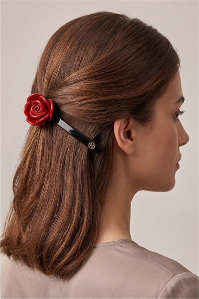 3D Rose-Detail Bone-Style Automatic Hair Clip - Red
