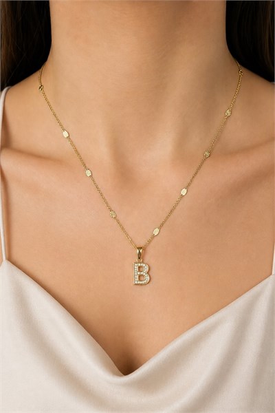 Xuping Gold-Tone Cubic Zirconia Initial Necklace - B | 45 cm, Hypoallergenic