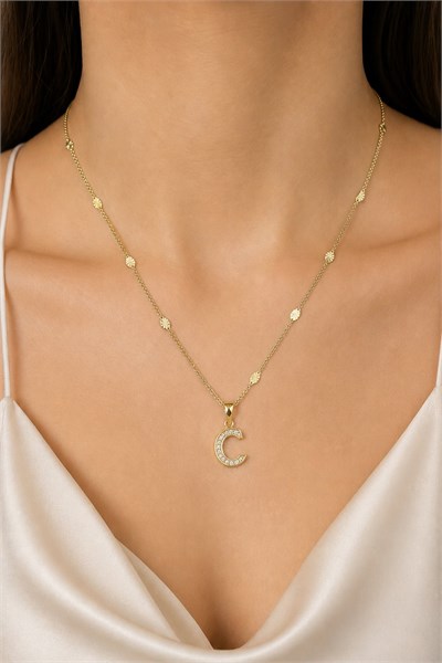 Xuping Gold-Tone Cubic Zirconia Initial Necklace - C | 45 cm, Hypoallergenic