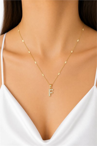 Xuping Gold-Tone Cubic Zirconia Initial Necklace - F | 45 cm, Hypoallergenic