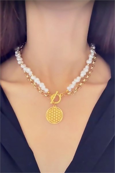 Tree of Life Tipped Pearl and Chain Double Necklace
