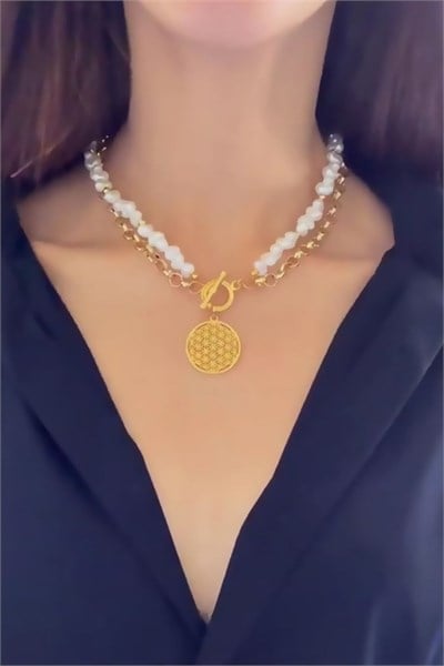 Tree of Life Tipped Pearl and Chain Double Necklace