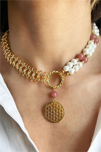 Flower of Life Detailed Agate Natural Stone Pearl and Chain Necklace
