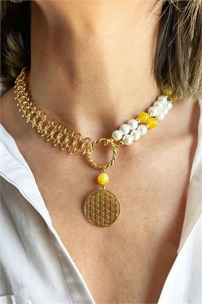 Flower of Life Detailed Yellow Agate Natural Stone Pearl and Chain Necklace