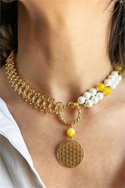 Flower of Life Detailed Yellow Agate Natural Stone Pearl and Chain Necklace