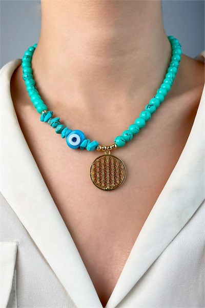 Flower of Life Broken Natural Stone Bead Necklace - Turquoise