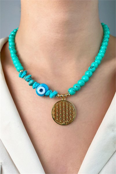 Flower of Life Broken Natural Stone Bead Necklace - Turquoise