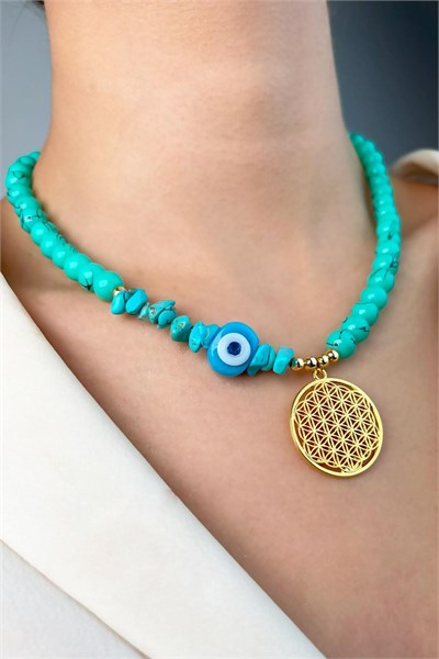 Flower of Life Broken Natural Stone Bead Necklace - Turquoise