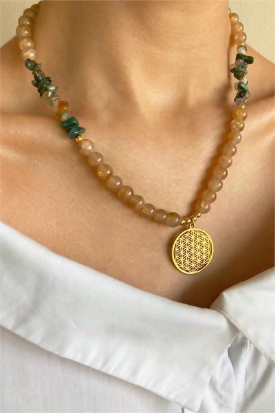 Flower of Life Tipped Crystal Glass Bead Natural Stone Necklace - Green