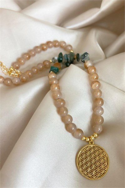 Flower of Life Tipped Crystal Glass Bead Natural Stone Necklace - Green