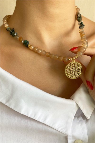Flower of Life Tipped Crystal Glass Bead Natural Stone Necklace - Green