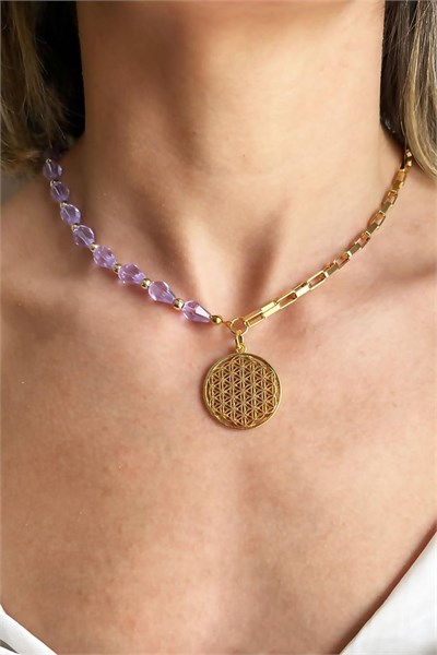 Flower of Life Tipped Purple Stone and Chain Necklace