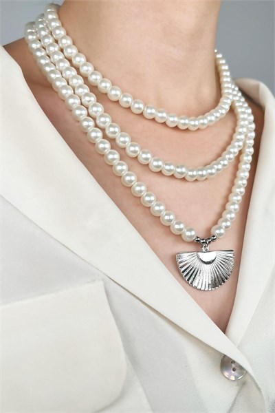 Fan Model Three-Row Design Pearl Necklace - Silver