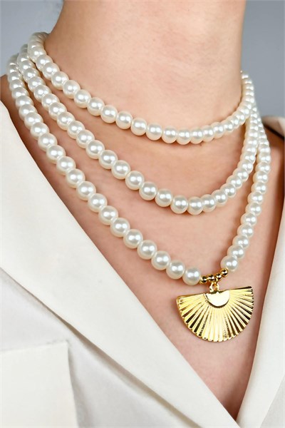 Fan Model Three-Row Design Pearl Necklace - Gold
