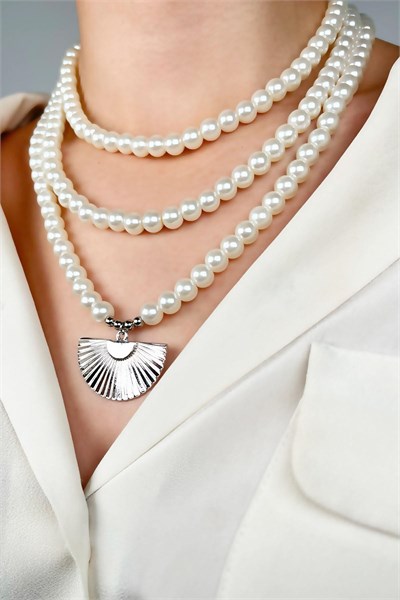 Fan Model Three-Row Design Pearl Necklace - Silver