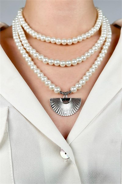 Fan Model Three-Row Design Pearl Necklace - Silver