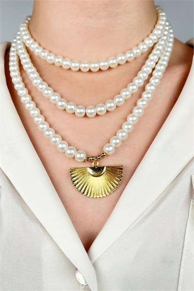 Fan Model Three-Row Design Pearl Necklace - Gold